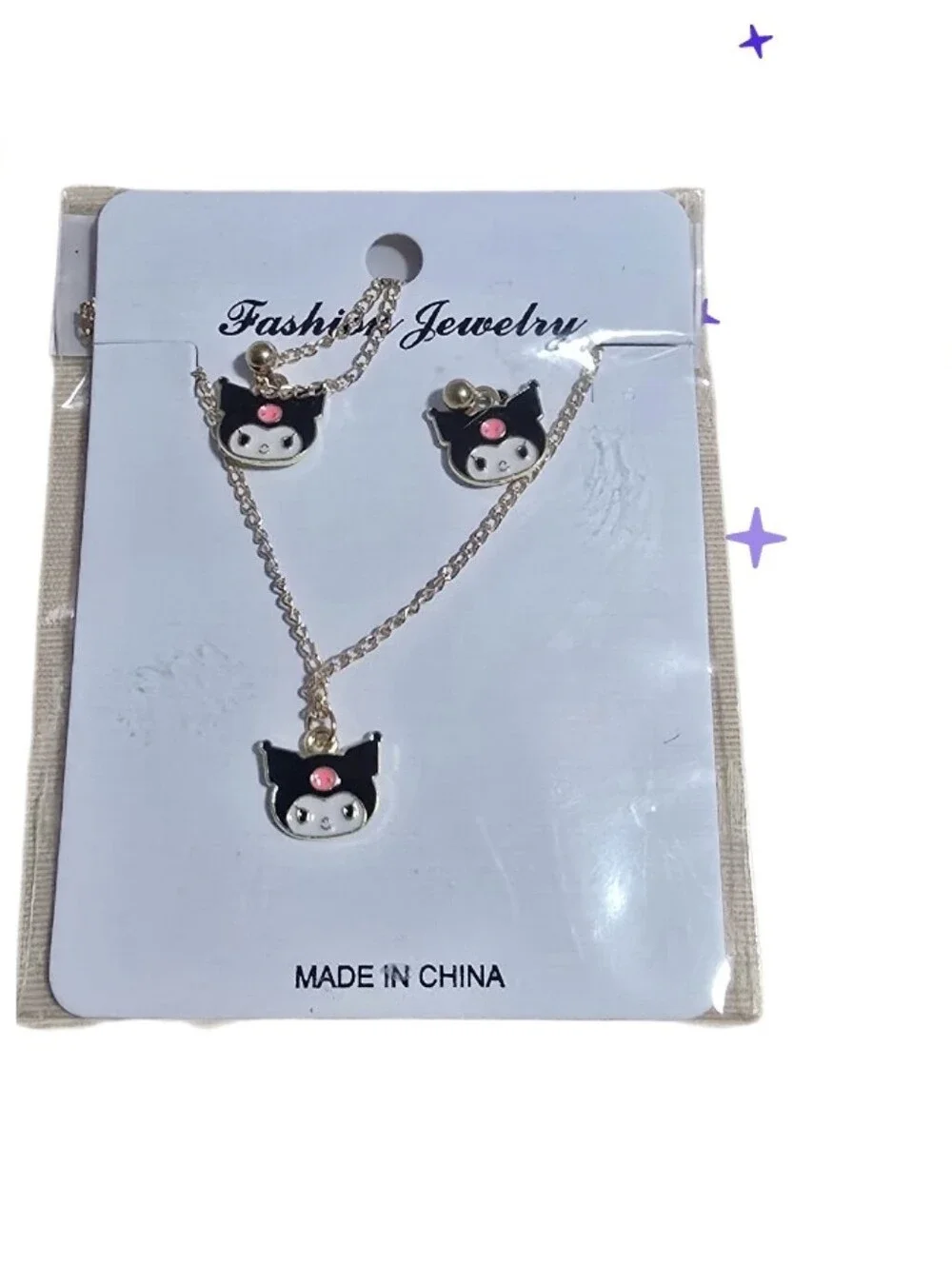 Fashion Jewelry Black and Pink Cat Face Necklace & Earring Set